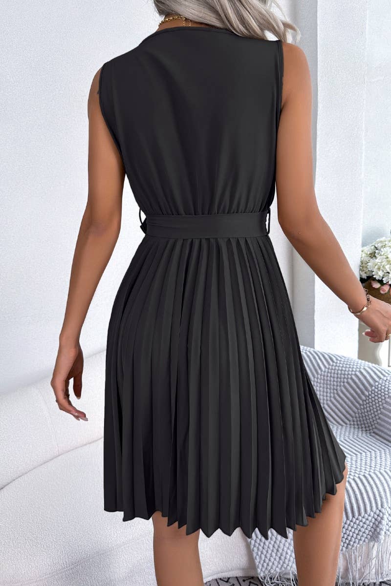 CWDSD4634_CROSS V-NECK SLEEVELESS WAIST PLEAT DRESS
