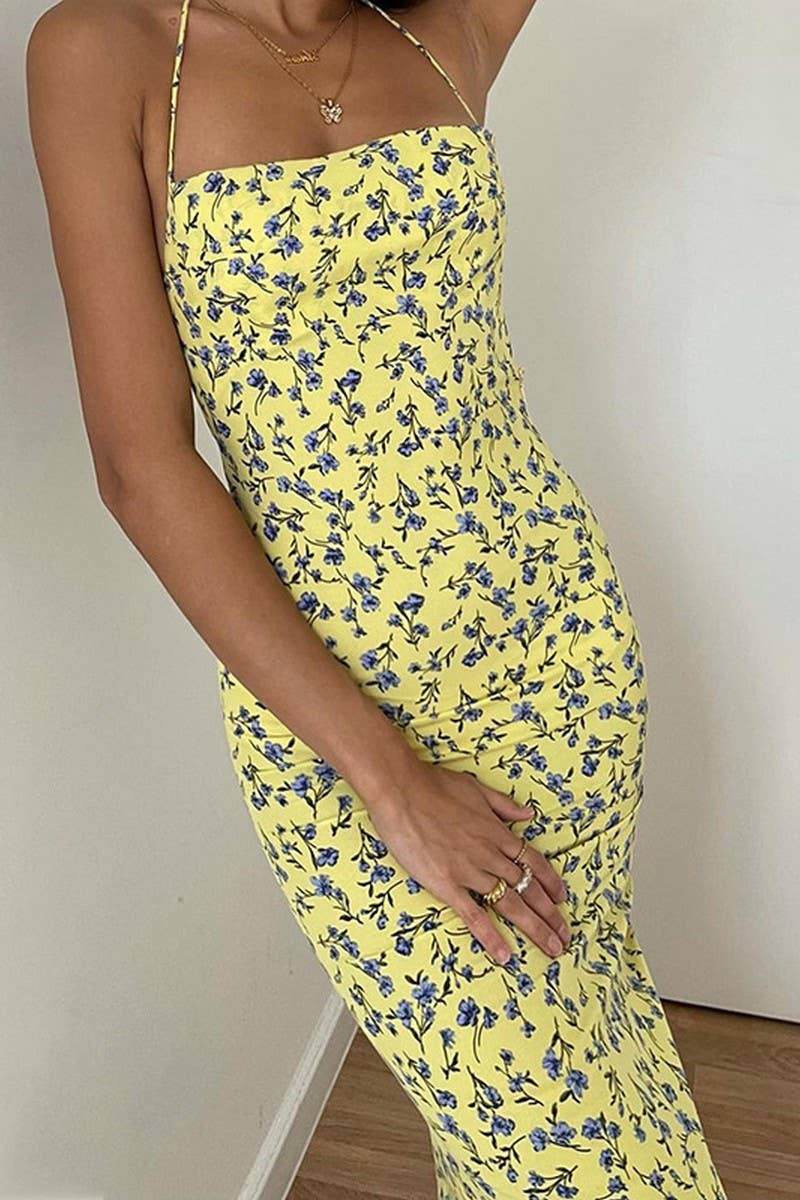 CWDHL0631_FLORAL SUSPENDER SKIRT SLIT BACKLESS SEXY DRESS