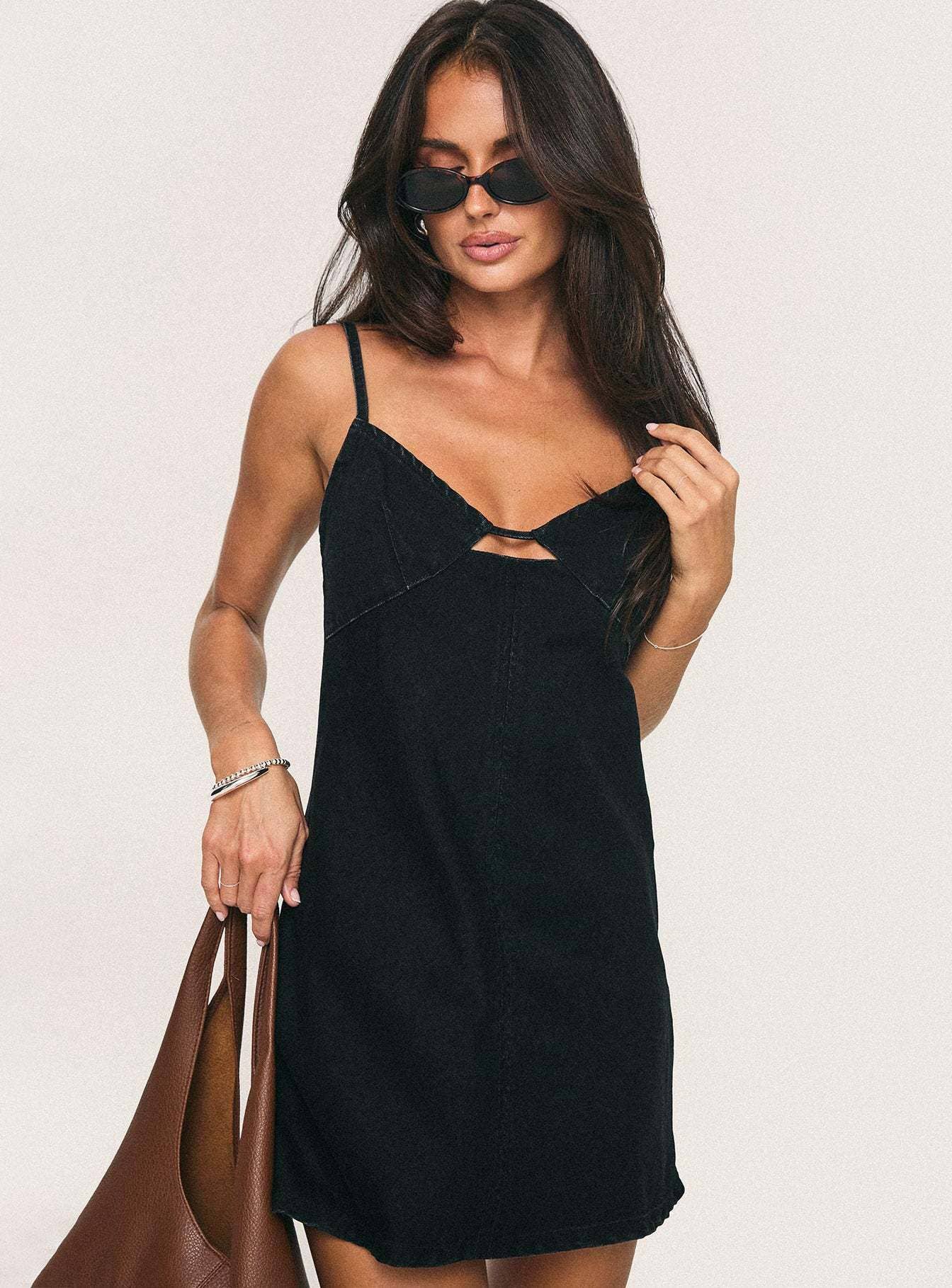 Sexy adjustable strap low-cut A-line denim dress
