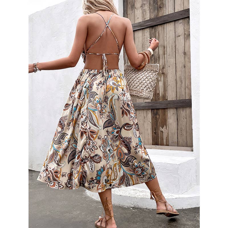Sexy halter-neck high-waisted open-cut long dress