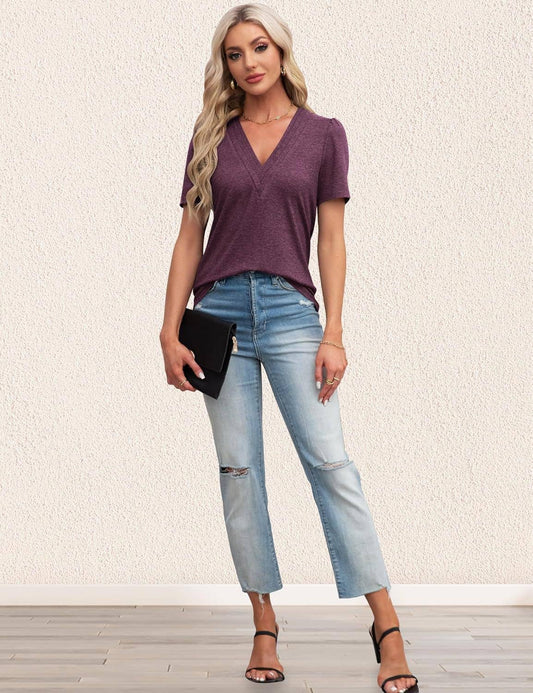 Short-sleeved V-neck solid-color loose T-shirt