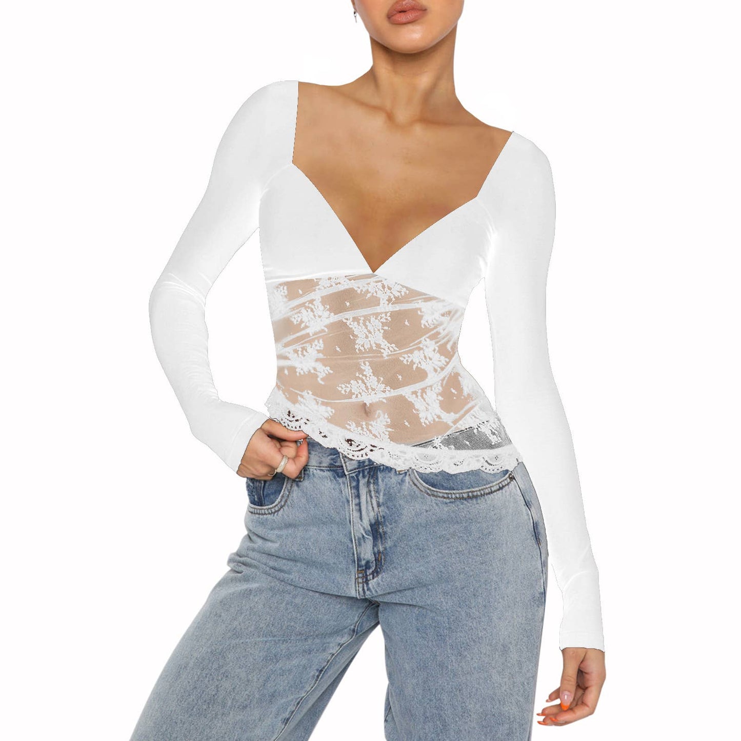 Solid color lace patchwork sexy crop top