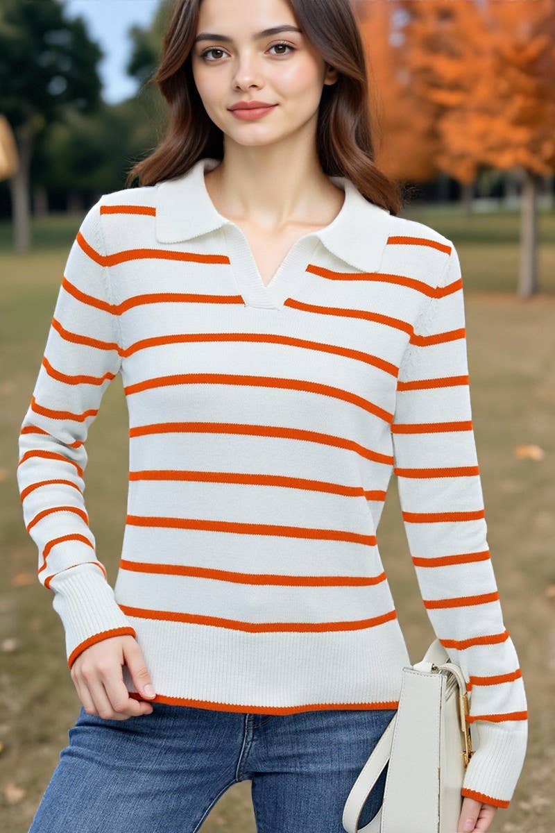 CWOSWL07719_CASUAL STRIPED LAPEL KNITTED LONG-SLEEVED TOP