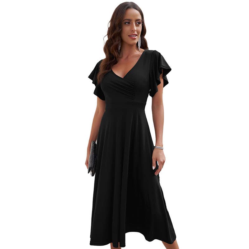 ELEGANT TEMPERAMENT LOTUS SLEEVE V-NECK DRESS