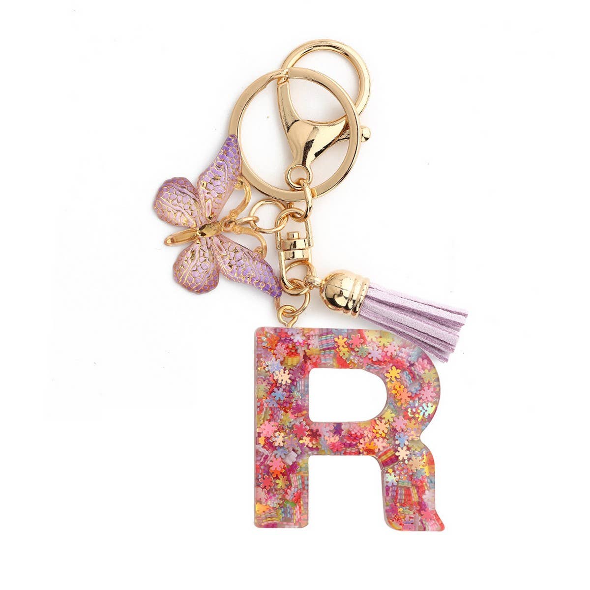 Pink Snowflake Letter Butterfly Keychain_CWMM6865