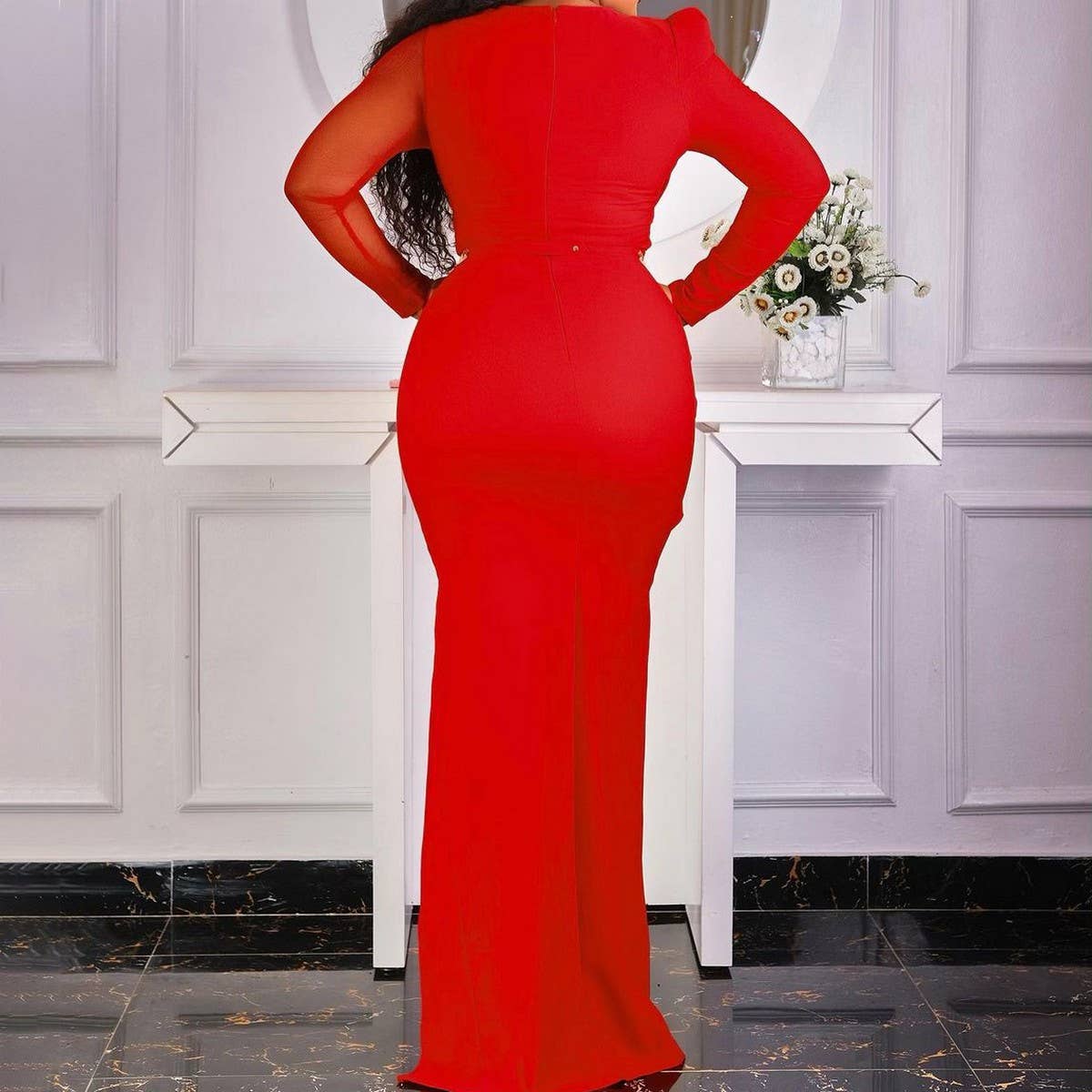 MESH SPLICING SOLID COLOR FASHIONABLE SLIT DRESS