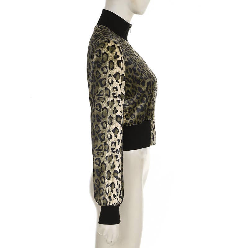 TURTLENECK RIBBED PATCHWORK LEOPARD VELVET JACKET