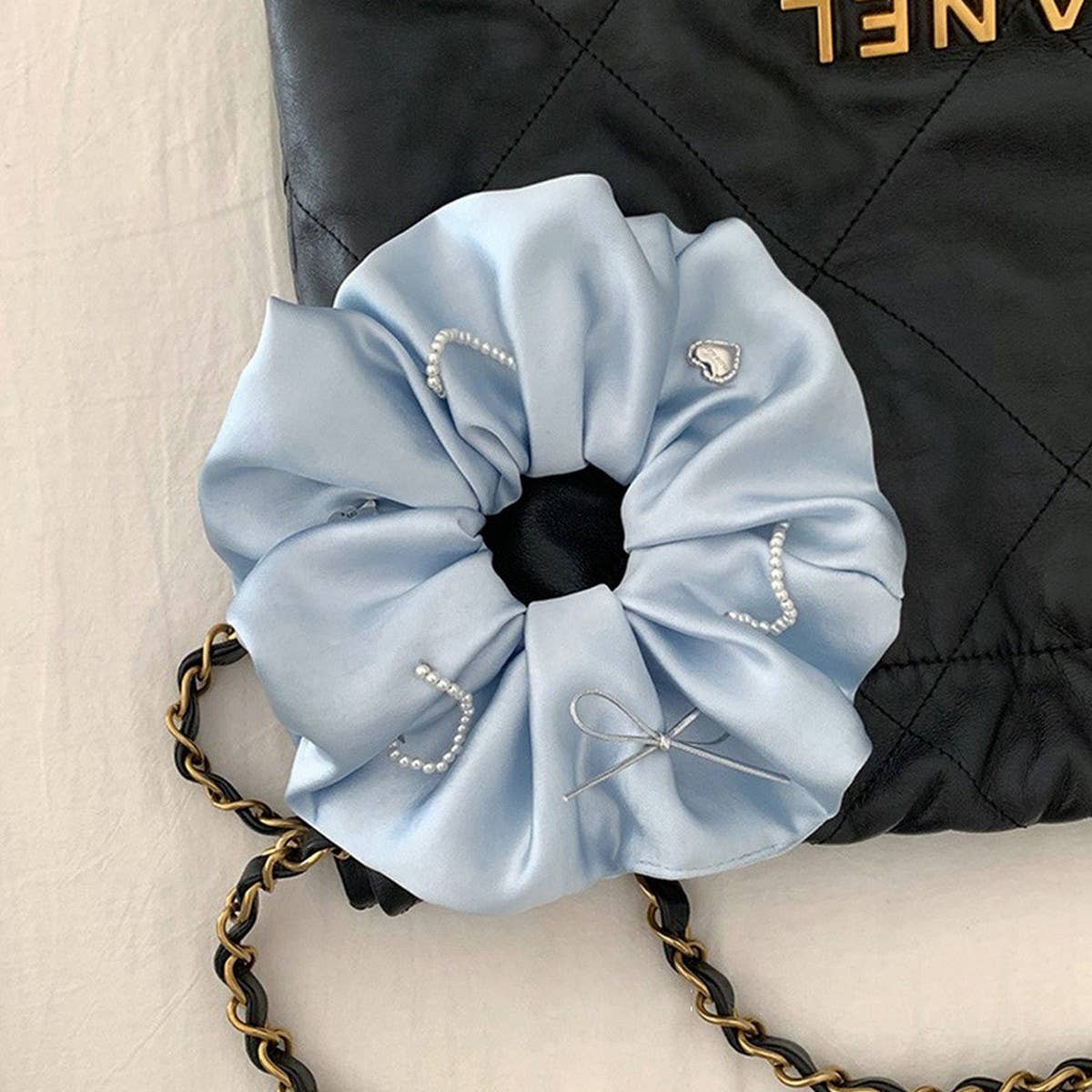 Blue Satin Pearl Scrunchie for Bun Hairstyles_CWAHA5503