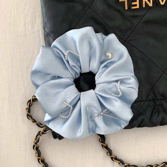 Blue Satin Pearl Scrunchie for Bun Hairstyles_CWAHA5503