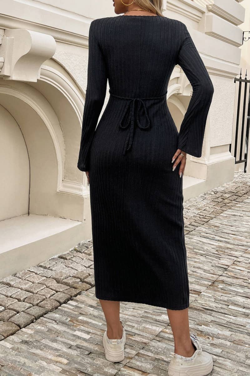 CWDMD3617_V-NECK FANNY PACK HIP SWEATER DRESS LONG