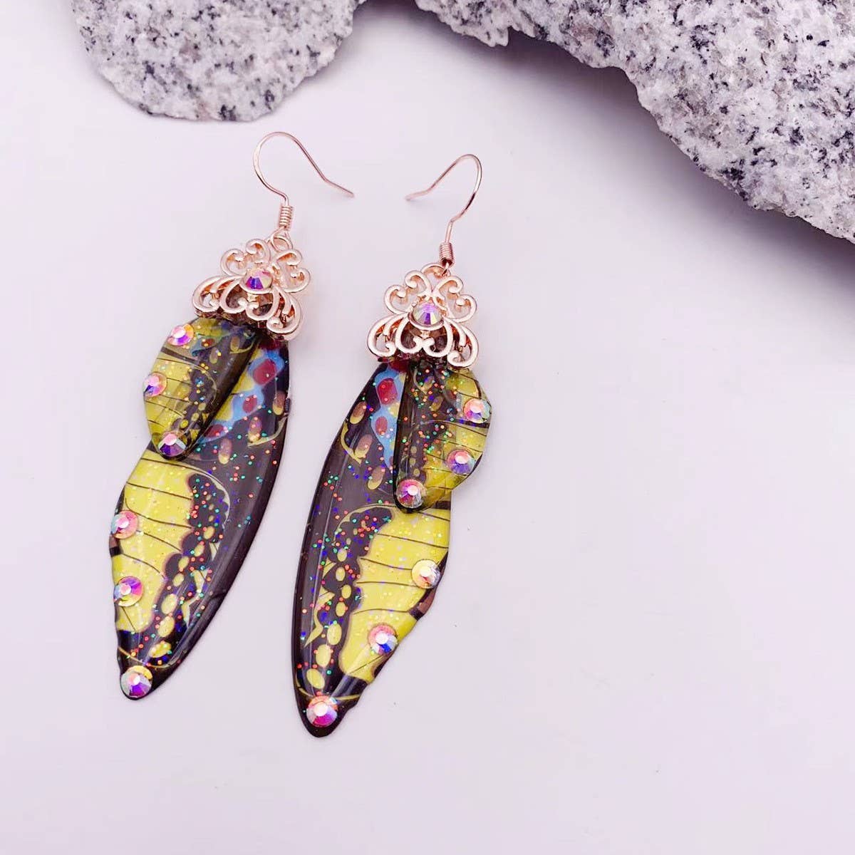 Elegant long earrings with cicada wing wings