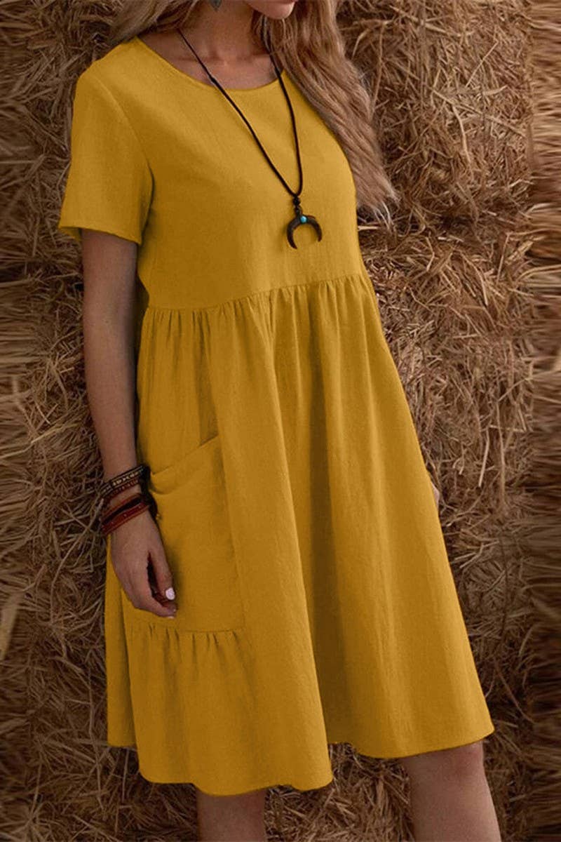 CWDSD8003_SUMMER RETRO LOOSE POCKET SOLID COLOR DRESS