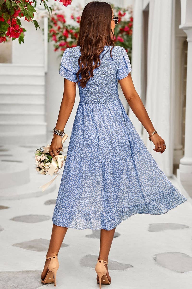 CWDMD1029_Smocking Detail 3/4 Sleeve Print Dresses
