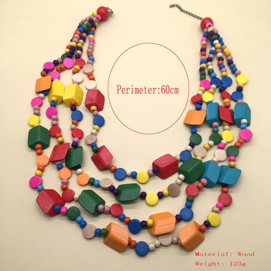 COLORFUL GEOMETRIC HANDMADE WOODEN BEAD NECKLACE