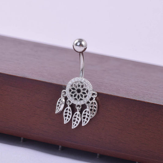 Leaf Mesh CZ Navel Ring Stainless Steel Jewelry
