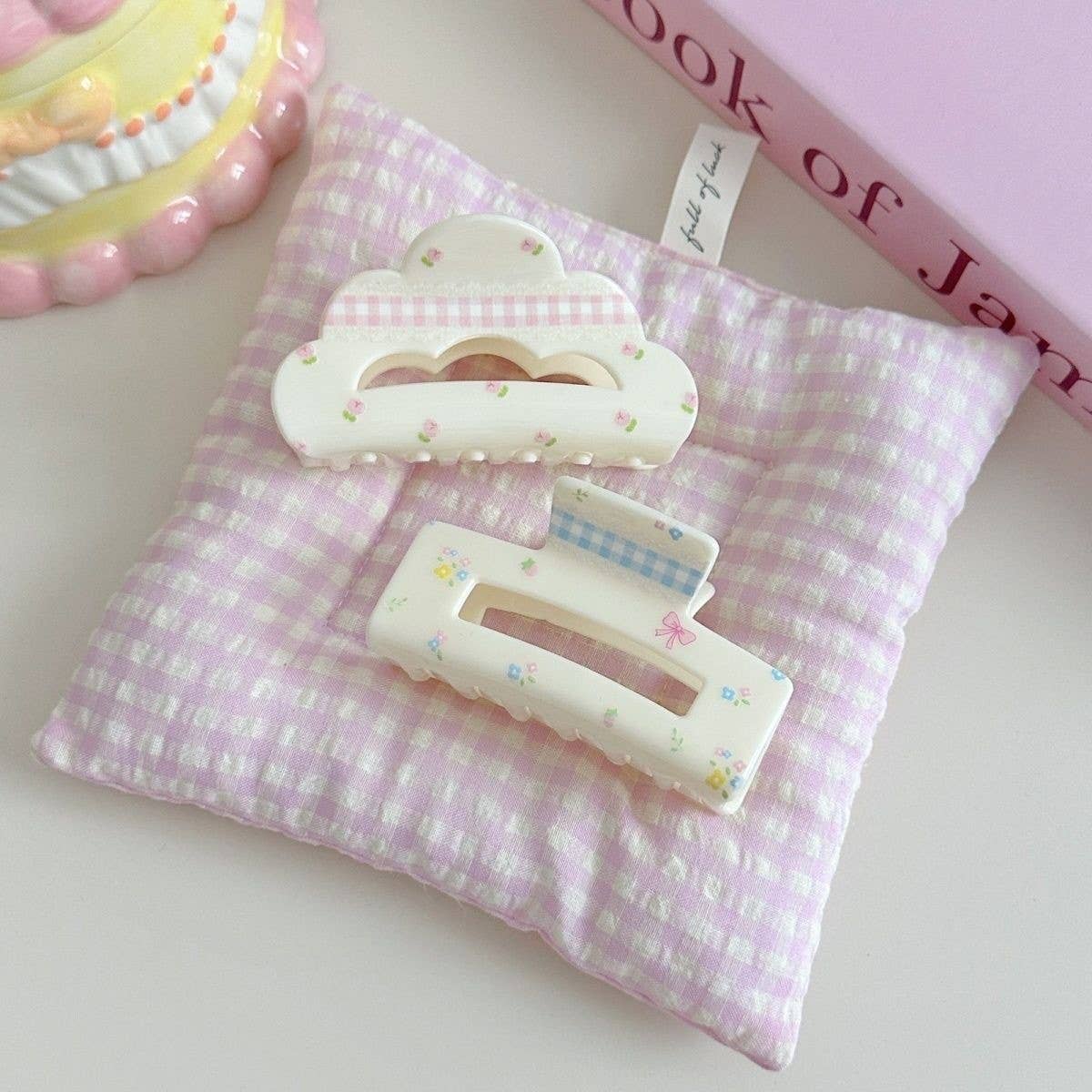 FLORAL CHECKERED BOW CLIP ACRYLIC HAIR ACCESSORIES