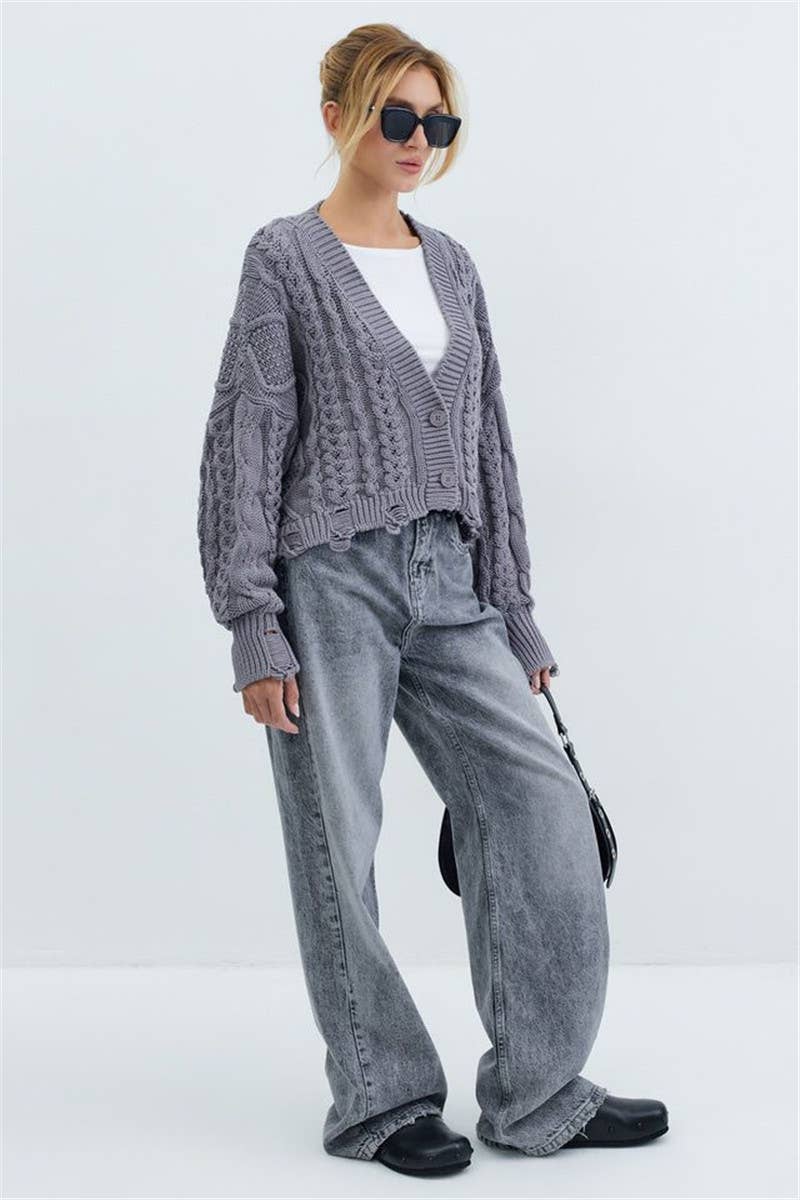 V-NECK SOLID COLOR TWIST SINGLE BREASTED CARDIGAN