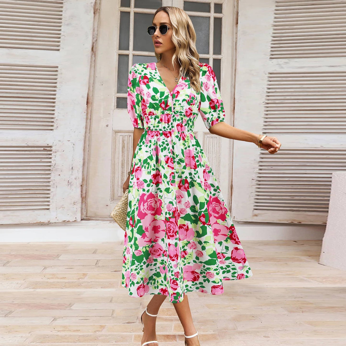 Boho V-Neck Floral Maxi Dress With Waist Tie_Cwdmd5284