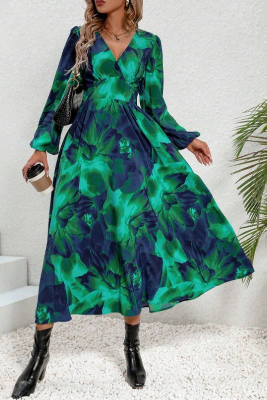CWDMD5704_SPRING AND SUMMER WAIST V-NECK PRINTED LONG SKIRT