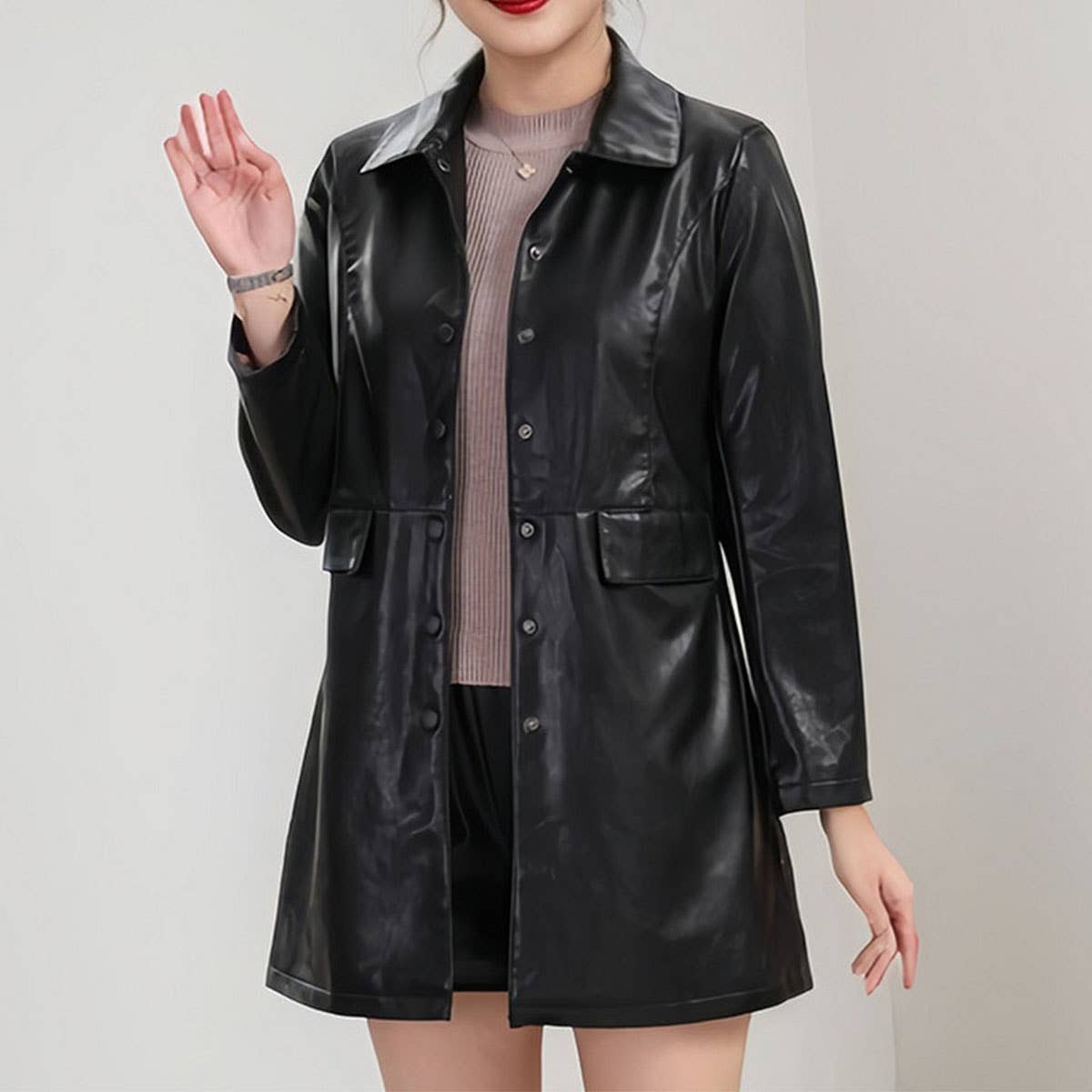 Slim Fit Mid-Length PU Jacket ??Leather Coat_CWMM9022