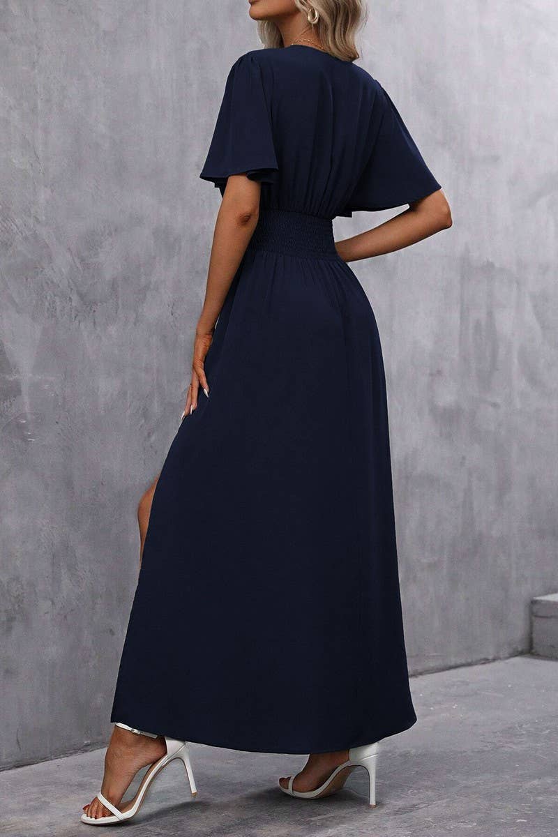 CWDMD4647_SOLID COLOR FLYING SLEEVES HIGH SLIT DRESS