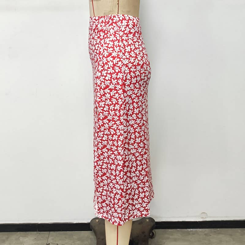Floral print high waist slit long A-line skirt