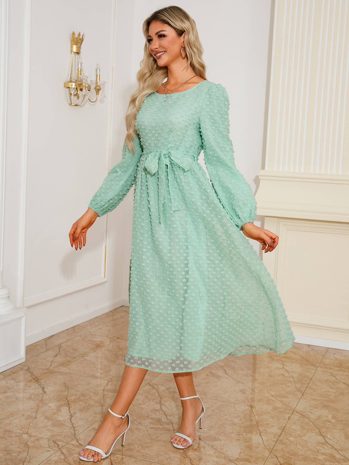 Jacquard Long Sleeve Dress with Waist Detail