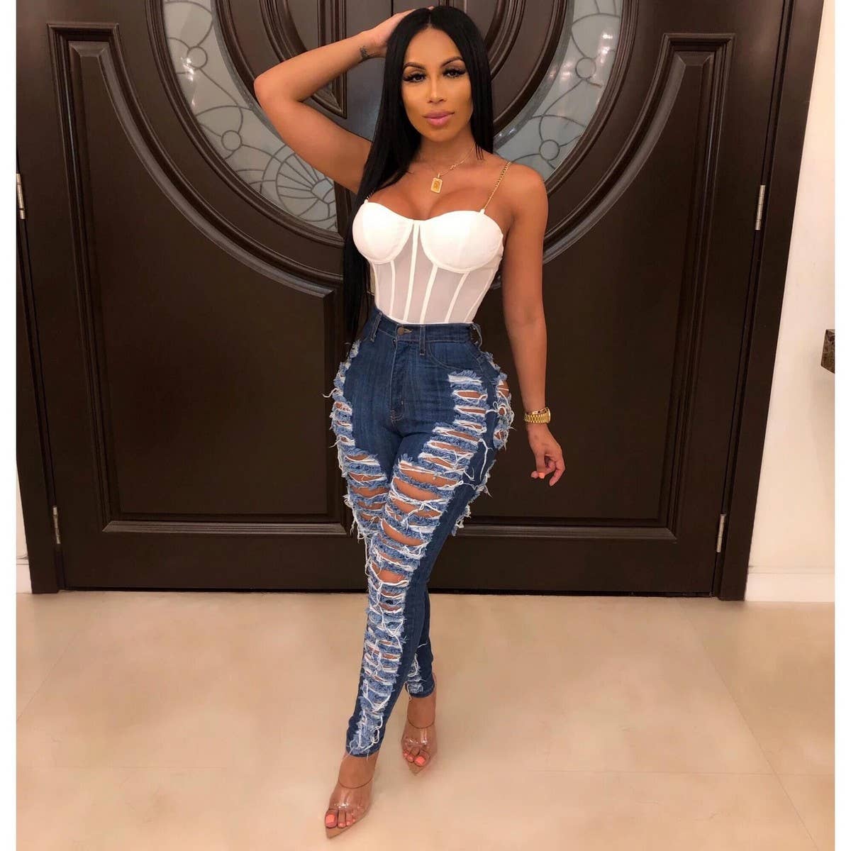 WOMENS SEXY HOLE TASSEL SLIM FITTING JEANS_CWJP0083