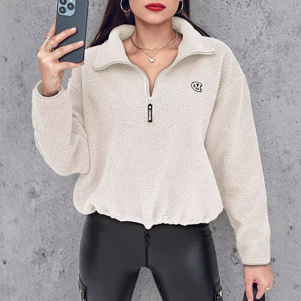 LAMB WOOL STAND COLLAR CASUAL SOLID COLOR HOODIE