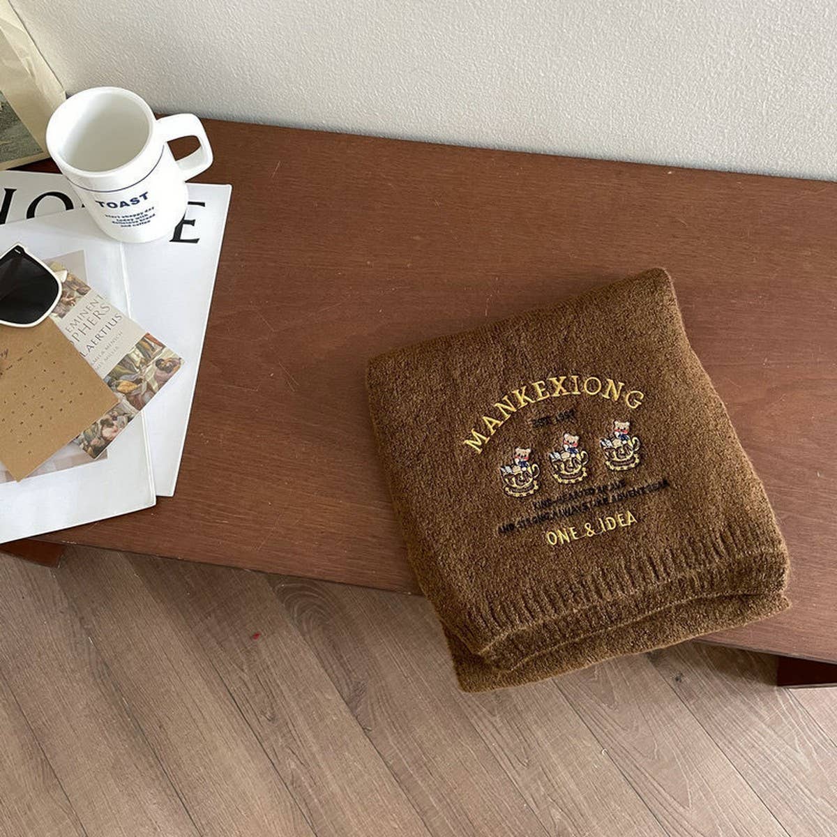 CUTE BEAR EMBROIDERY SOLID COLOR KNITTED SCARF