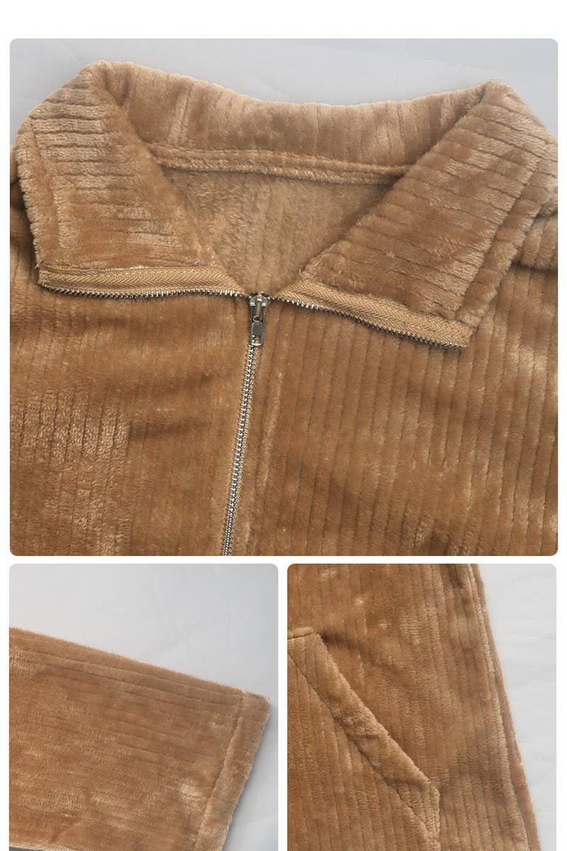 CWOJA1218_LAPEL PLUSH POCKET ZIPPER SOLID COLOR JACKET