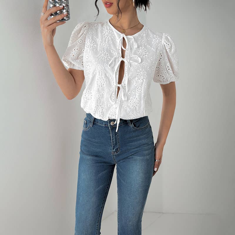 Tie front puff sleeve eyelet lace bodysuit