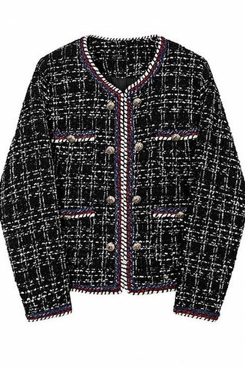 CWOCO1131_BLACK AND WHITE CHECK DOUBLE-BREASTED COATS