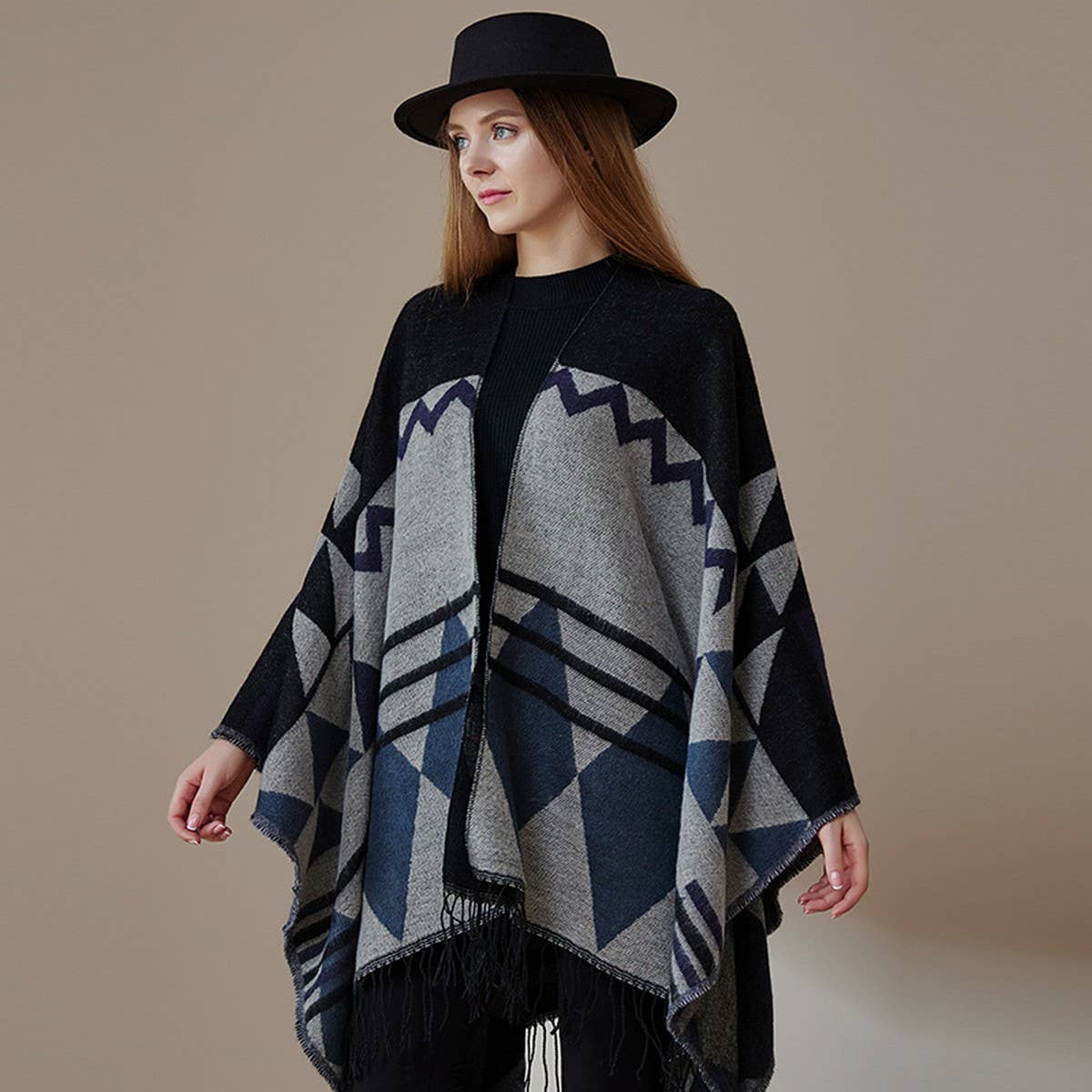 FRINGED GEOMETRIC PATTERN SHAWL SLIT CAPE SCARF