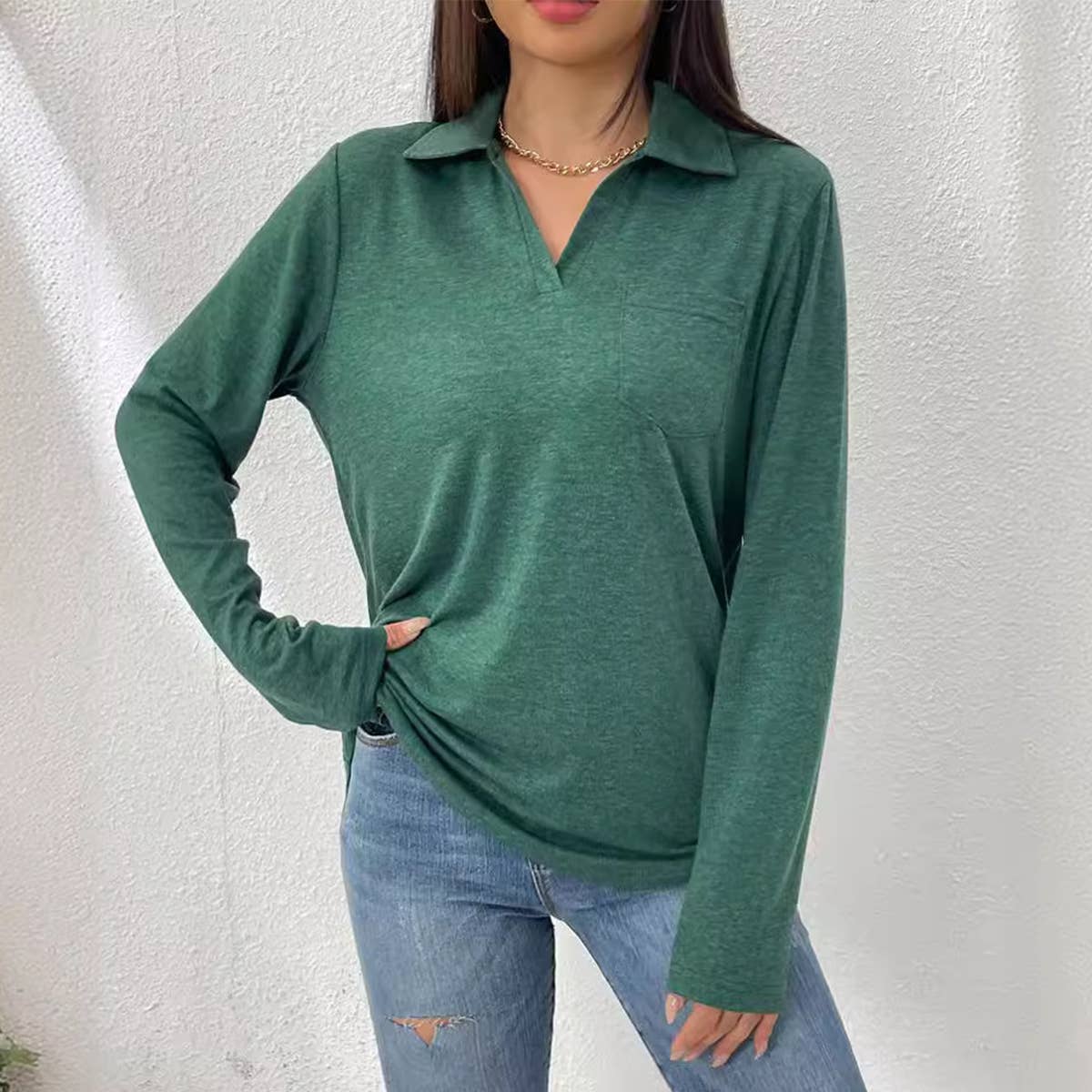 SIMPLE SOLID COLOR LAPEL BAGGY POCKET T-SHIRT