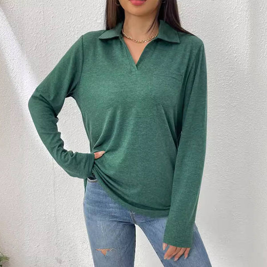 SIMPLE SOLID COLOR LAPEL BAGGY POCKET T-SHIRT