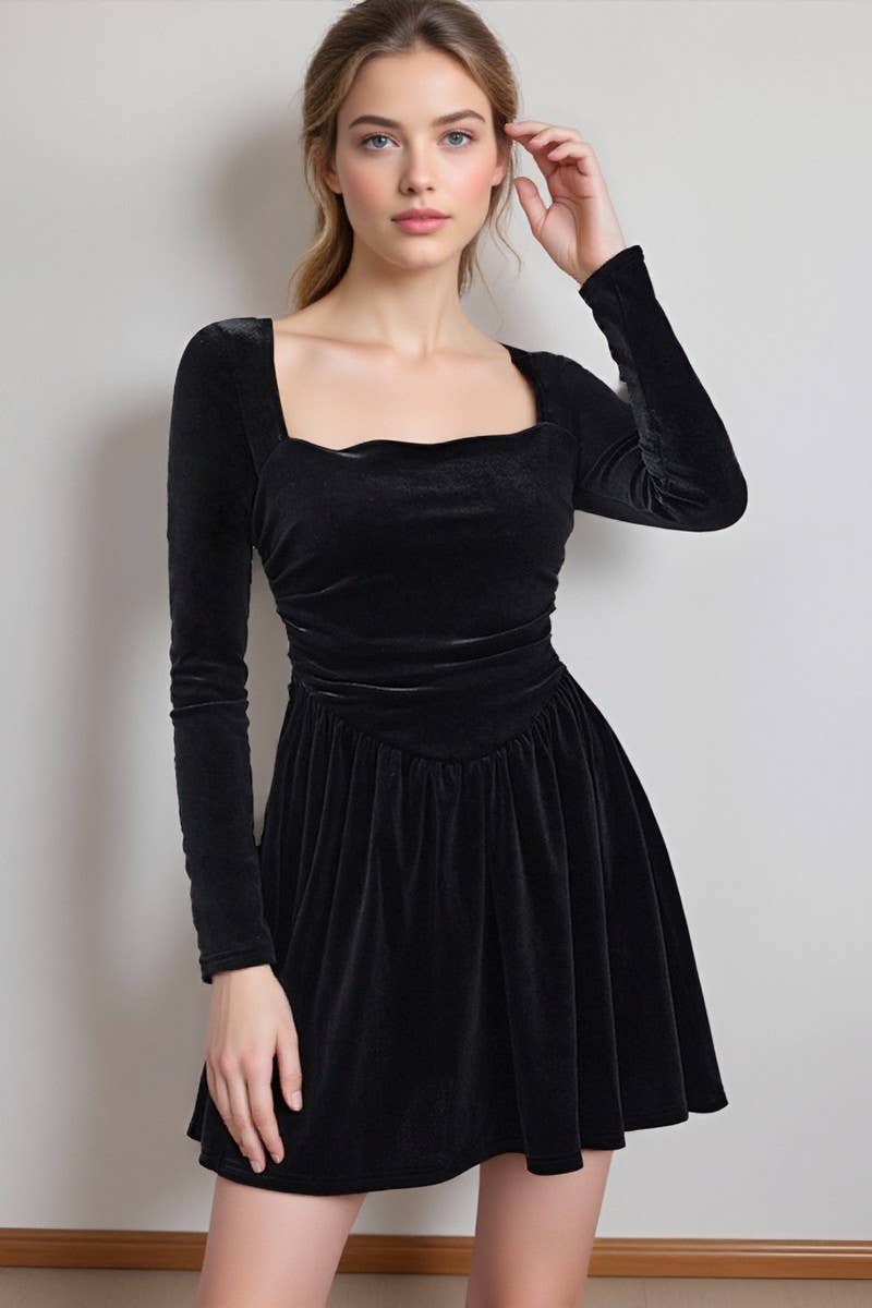 CWDSD10679_BLACK SQUARE NECK LONG SLEEVE A LINE DRESS