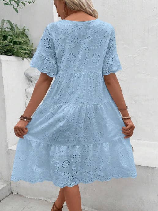 SOLID-COLOR COTTON EMBROIDERED LACE CUTOUT DRESS_CWDSD10724