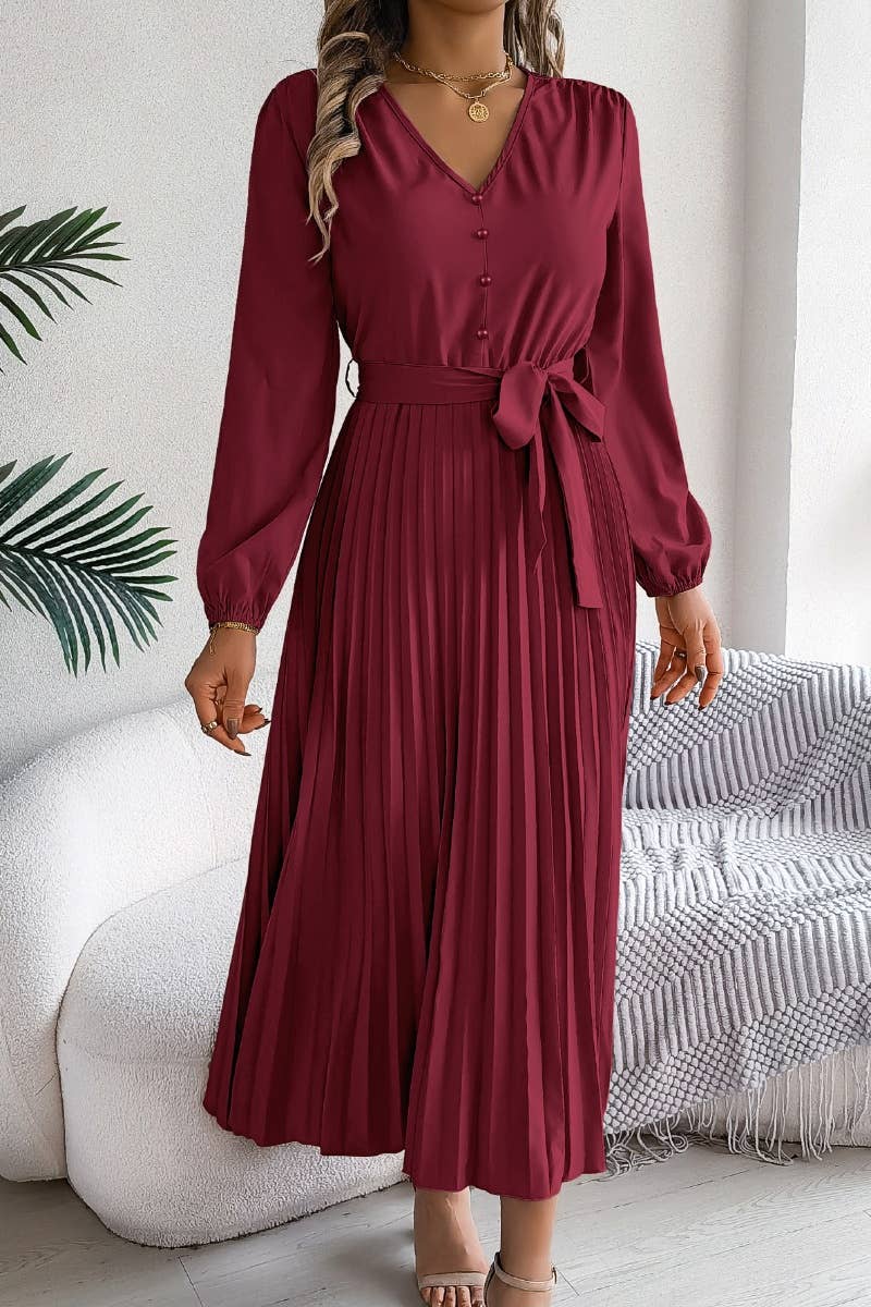 CWDMD3479_V-NECK LONG SLEEVE LACE-UP PLEATED DRESS LONG