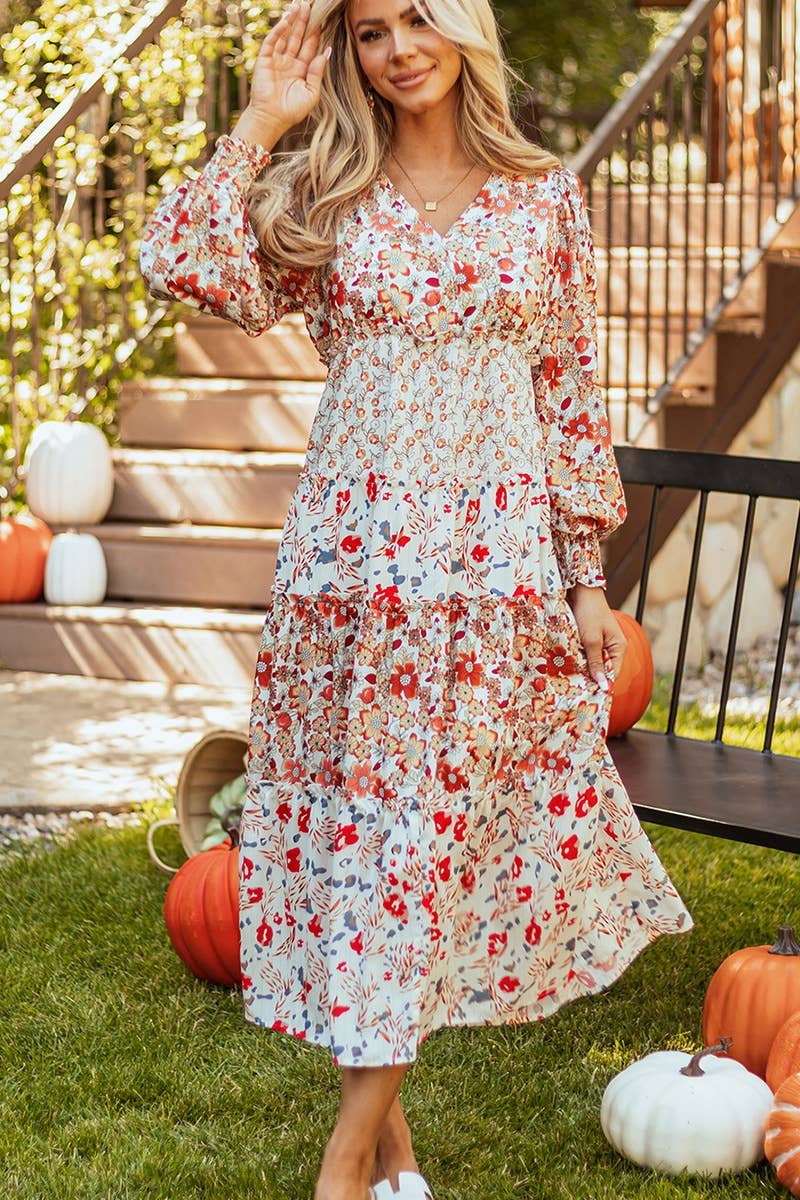 CWDMD4113_PRINTED V-NECK LONG-SLEEVED HIGH-WAISTED DRESS
