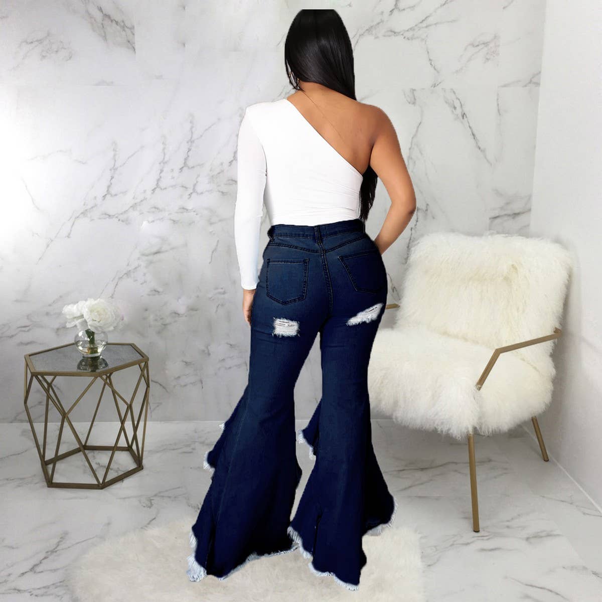 HOLE WASHED DENIM BELL BOTTOMS WIDE LEG PANTS_CWJP0086