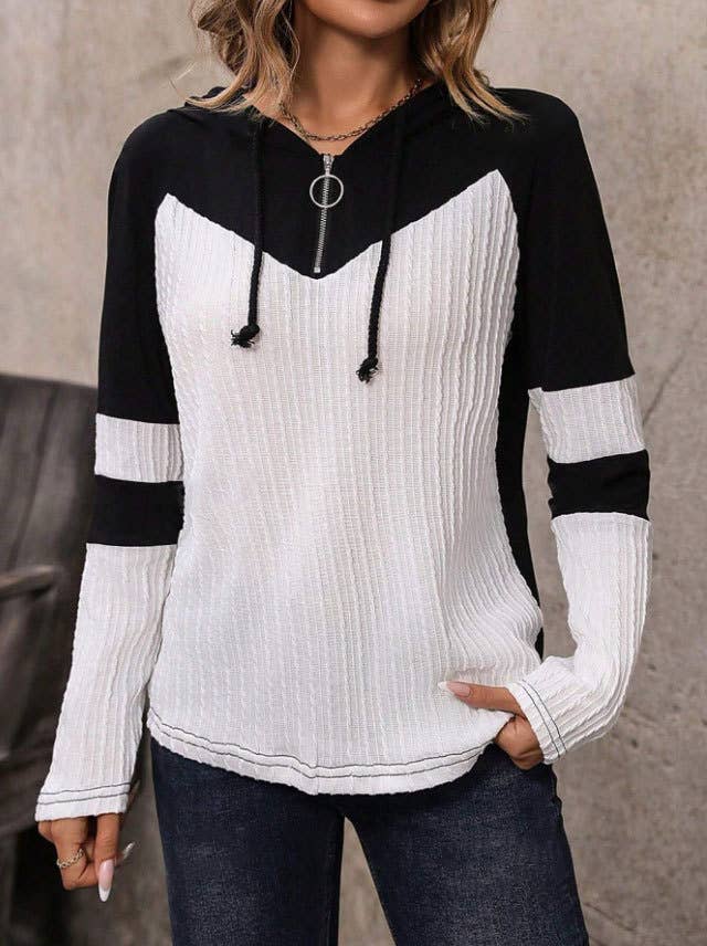 ZIPPER FRONT KNIT LONG SLEEVE COLOR HOODIE
