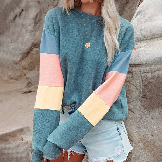 WOMEN'S CREW NECK COLOR PULLOVER LOOSE HOODIE