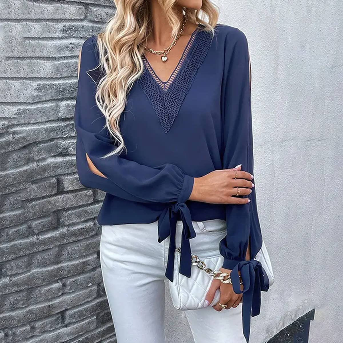 WOMEN GUIPURE LACE TRIM V NECK TIED CUFF BLOUSE_CWTSTL0332