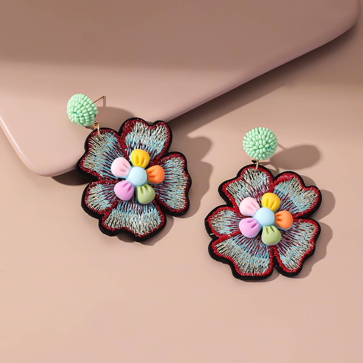Embroidered Crystal Flower Earrings
