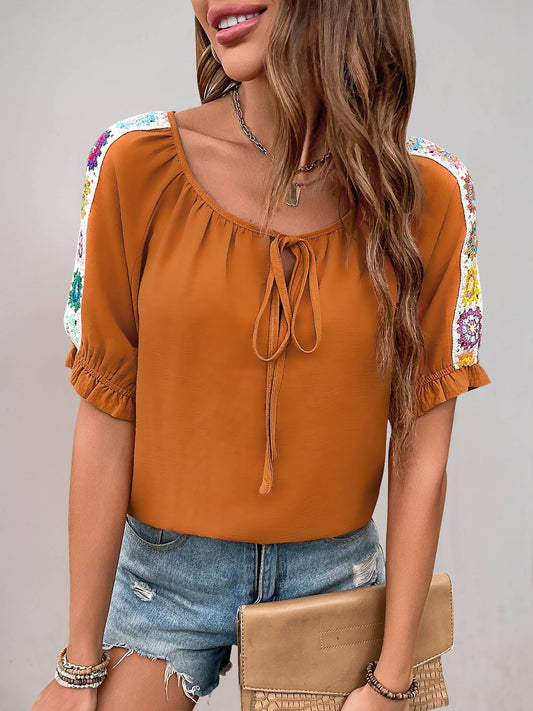 Embroidered lace-up round neck ethnic style shirt