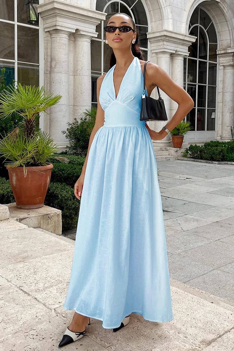 CWDMD6081_SOLID V NECK TIE WAIST FLOWY MAXI DRESS