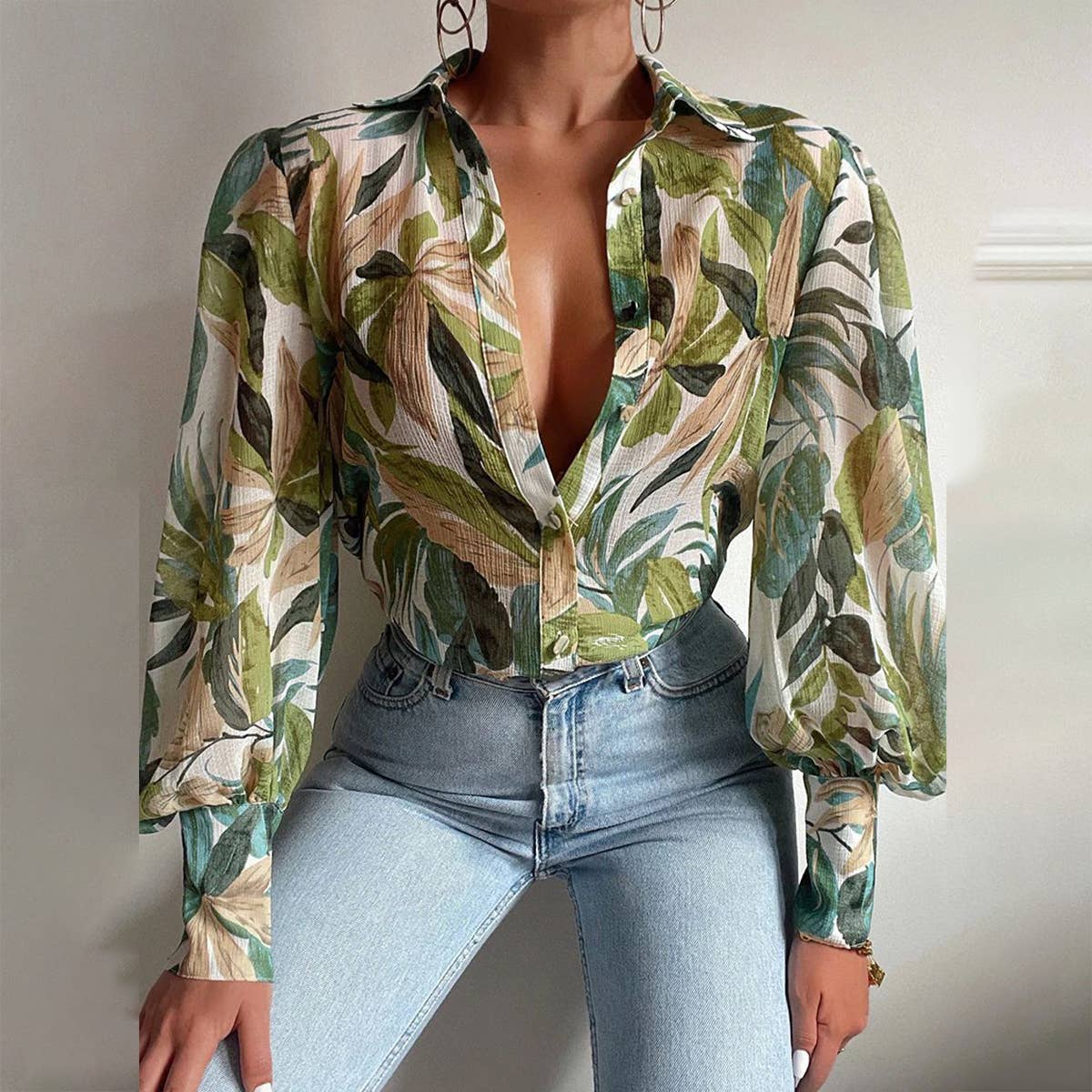 Lantern sleeve printed vintage casual port shirt