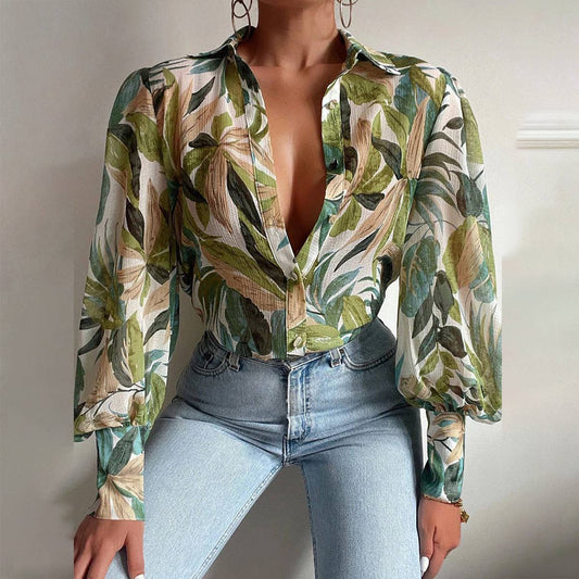 Lantern sleeve printed vintage casual port shirt