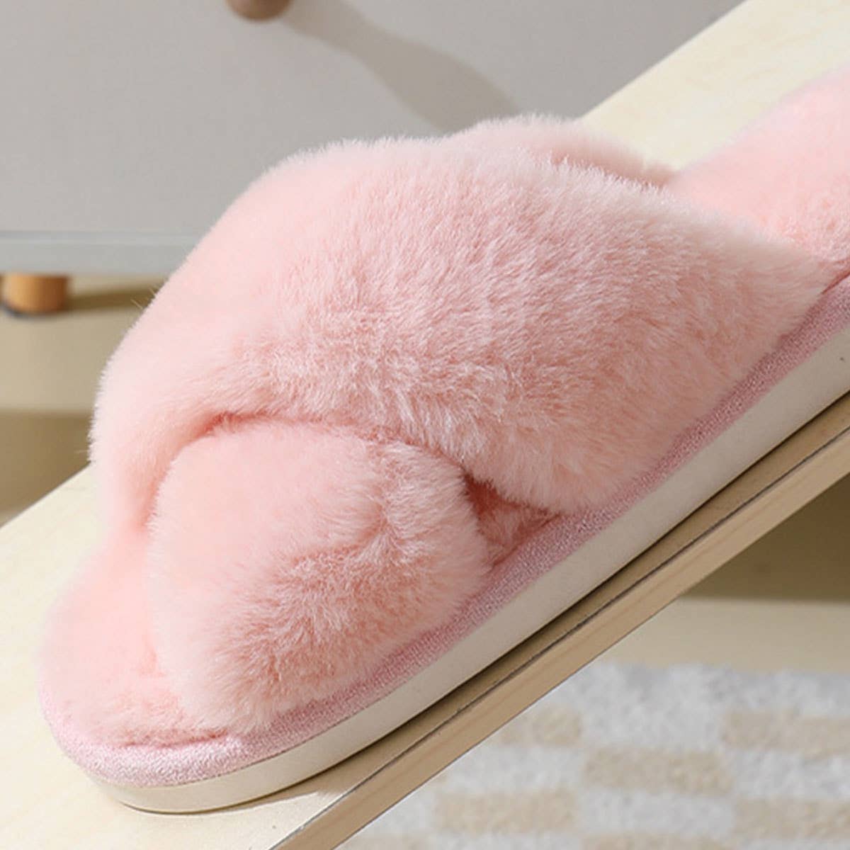 Cross style Faux rabbit fur slippers For Women